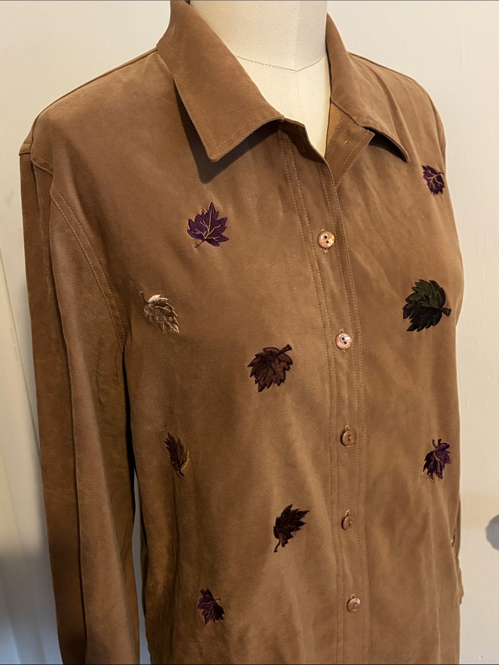 Vintage Alia Faux-Suede Button-down Top with Embroidered Leaves